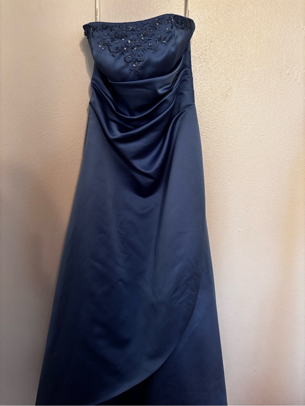 Strapless Blue Evening Gown with Beaded Bodice